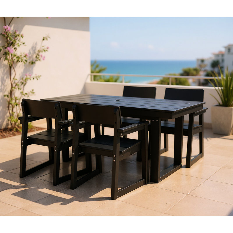 Outdoor Dining For 4 - Patio Table With Umbrella Hole And Armrest Chairs, Option Deck Poolside In Black 5 Weather- Ideal Gatherings