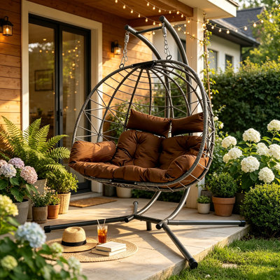 Double Hanging Egg Chair With Stand, 2-Person Patio Hammock Swing Chair With Cushion, Indoor And Outdoor Wicker Loveseat For Bedroom, Garden, And Balcony | Gift Idea
