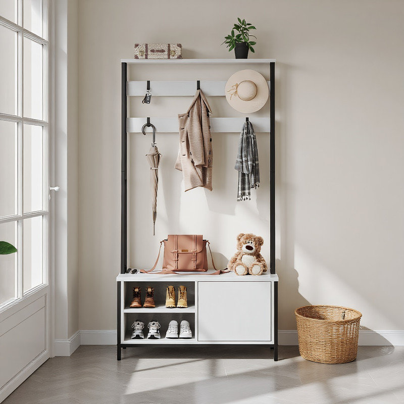 Arbre d'entrée compact 4 en 1 avec banc - Rangement minimaliste pour les entrées et les petits espaces, Blanc