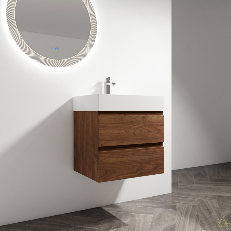 Meuble-lavabo mural 24 po avec lavabo en résine, 2 tiroirs à fermeture en douceur, ensemble KD, Chêne brun, 24"