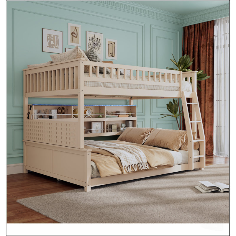 Lit superposé double XL/queen avec étagères intégrées, lumières à couleurs changeantes et panneau perforé pour un style de vie moderne