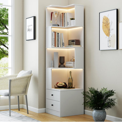 Bibliothèque d'angle avec tiroirs, bibliothèque d'angle à 4 niveaux avec déflecteur, présentoir autoportant en forme de L avec lumières à DEL pour le bureau à domicile, le salon, la chambre à coucher, la cuisine