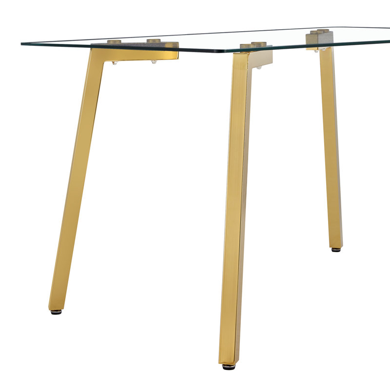 Table de salle à manger moderne en verre minimaliste avec support en métal trempé et doré pour les pieds supérieurs rectangulaires, Touch Home
