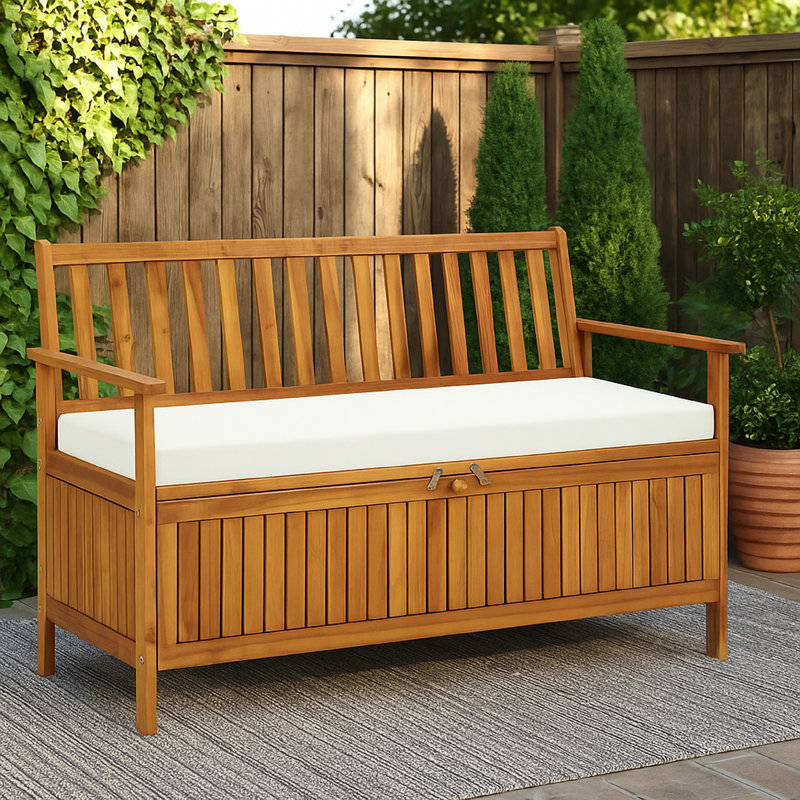 Banc de rangement extérieur Reja, bois d'acacia massif brun 47 pouces, blanc
