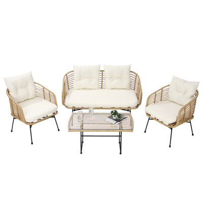4 Piece PE Rattan Outdoor Patio Furniture Set with Loveseat Wicker Sofa Seating Thickened Cushions Coffee Table for Backyard Garden Pool