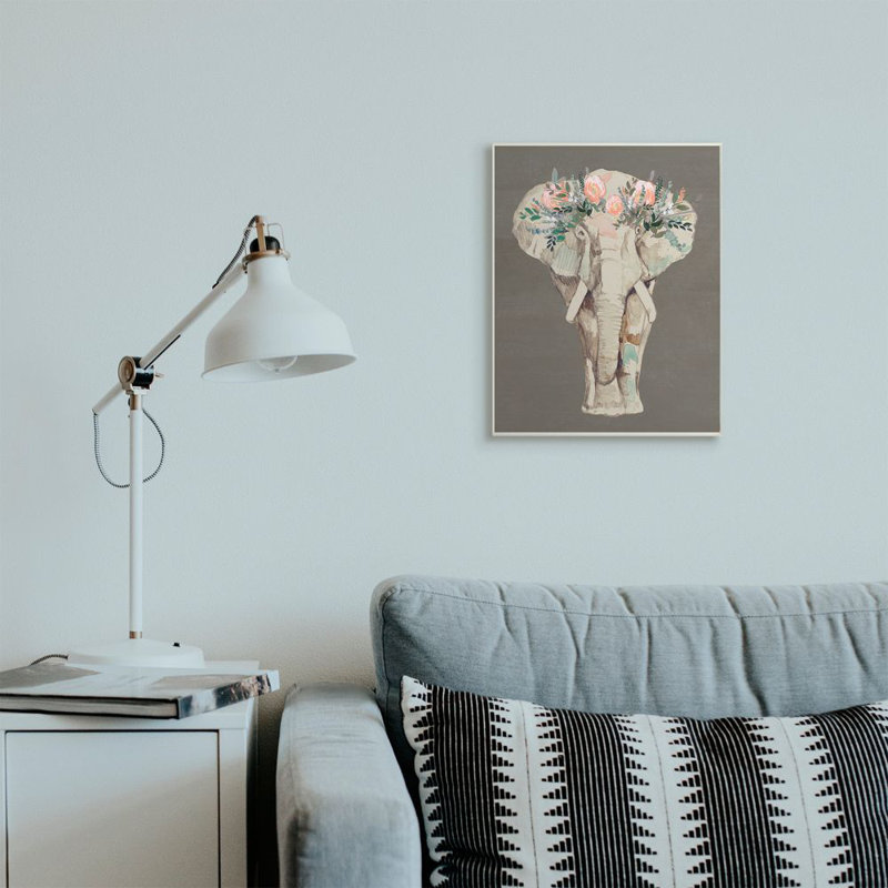Éléphant, couronne de fleurs, rose, vert, fleur élégante par Jennifer Goldberger - impression, H 19 po x l 13 po