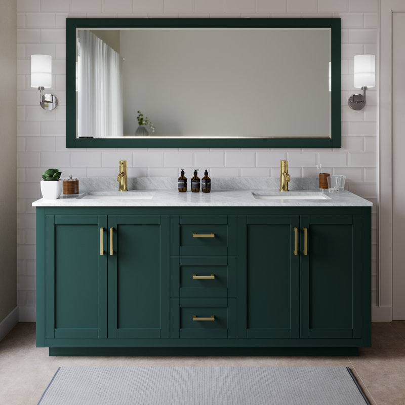 Miranda 72" Freestanding Double Bathroom Vanity with Marble Top with 70" Mirror, Brushed Gold, Green
