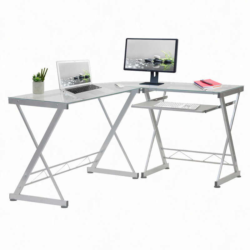 Bureau d'ordinateur en L en verre trempé avec panneau de clavier coulissant