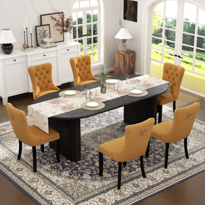  Farmhouse Dining Table Set, Rectangle Extendable Dining Table with Tufted Velvet Dining Chair for Dining Room