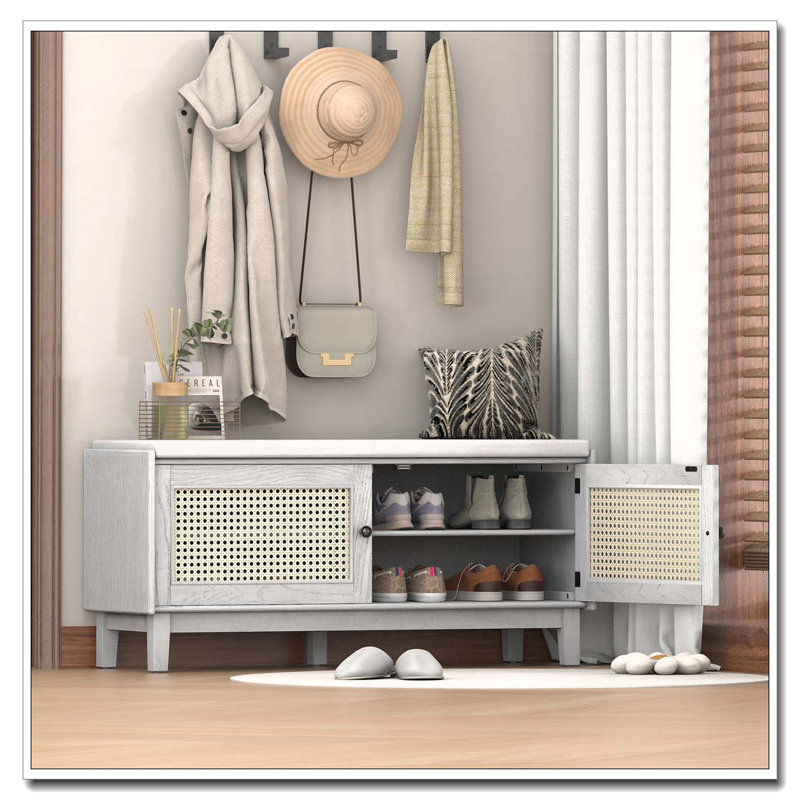 Banc de rangement pour l'entrée en rotin Boho avec coussin amovible et tablettes réglables, Gris délavé