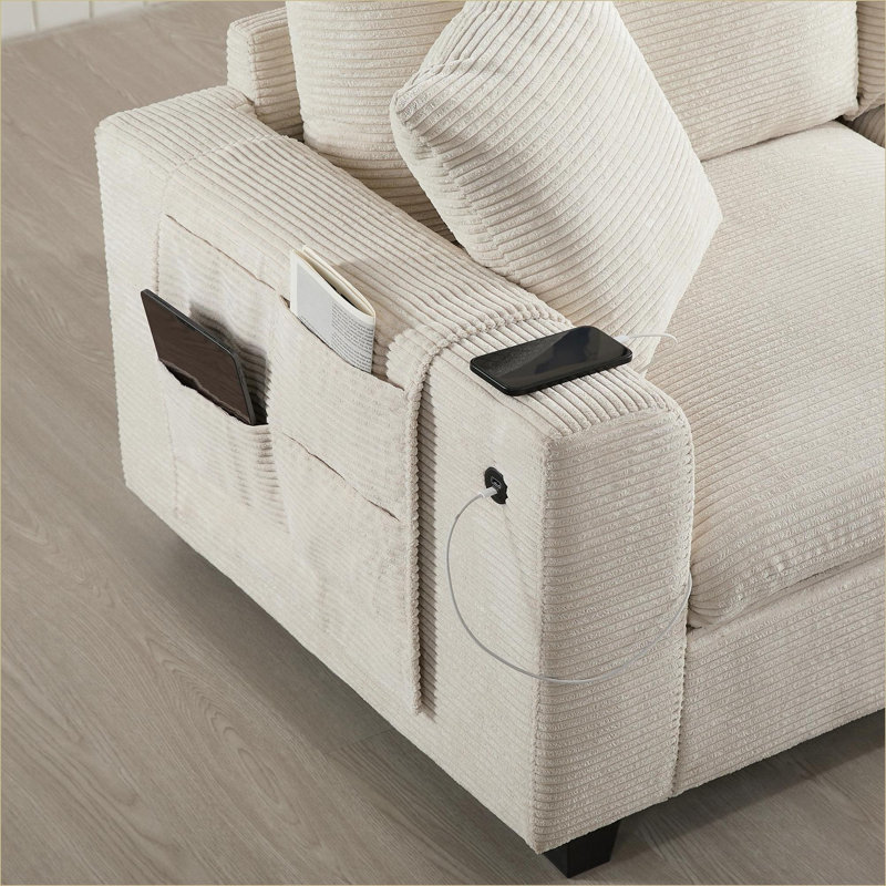 Canapés modulaires | Canapé modulaire en forme de U de 140 po à 6 places pour salon, repose-pieds avec porte-gobelet USB | Velours côtelé | Beige