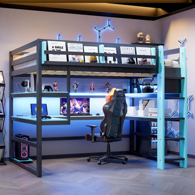Lit mezzanine double en bois avec bureau, support de rangement latéral, tablettes multiples et éclairage RVB, bleu nuage