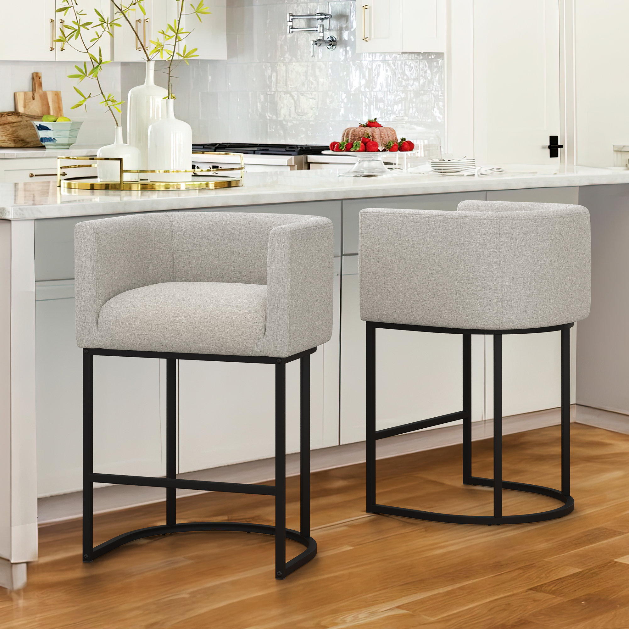 Wade Logan® 27" H Counter Height Bar Stools Set Of 2, Modern Barrel Counter Stools With Backrest And Arms, Metal Frames, Linen Fabric Upholstered Accent Barstools For Kitchen Island & Reviews | Wayfair