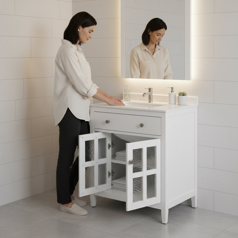 Meuble-lavabo blanc 30 po avec lavabo en céramique, tablette réglable et plateau basculant - Pieds en bois massif et charnières à fermeture en douceur