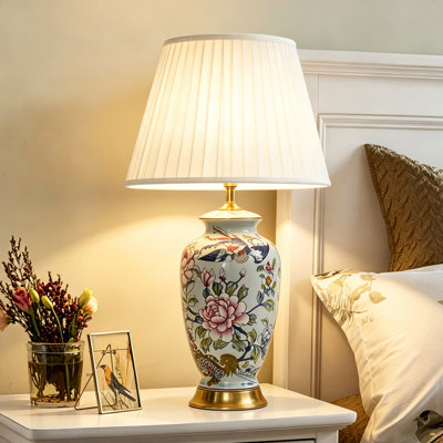Lampe de table en céramique peinte à la main de 79 cm (31 po) avec motif floral et d'oiseaux traditionnel, lampe de chevet vintage en porcelaine pour salon, chambre à coucher, entrée (ampoule non incluse)