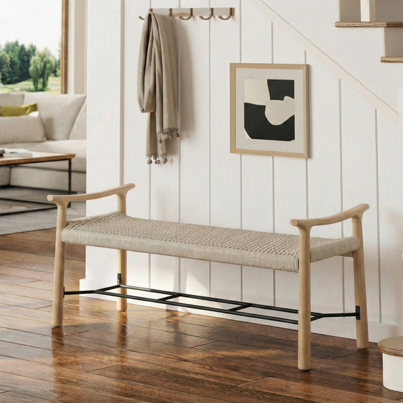 Solid Oak Entry Way Bench with Shoe Storage, Natural/Black