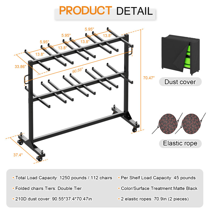 GrandHaven AMERLIFE Folding Chair Rack, Holds 12 Tables or 112 Chairs, 1250 lbs Capacity, Heavy-Duty Cart with Wheels, Elastic Cords, Cover, Glossy Black