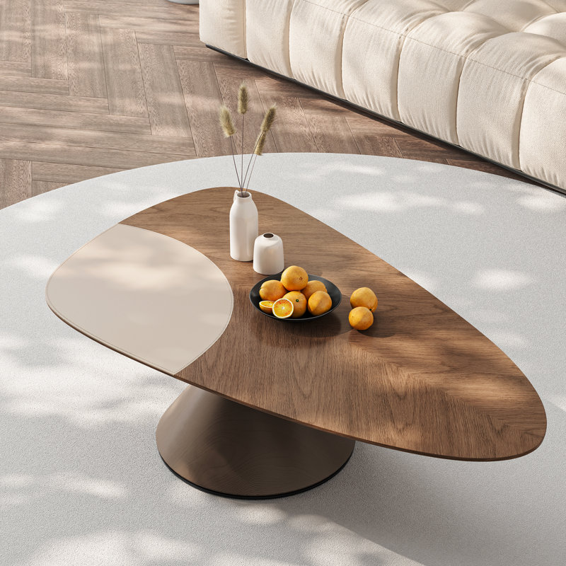 47.26'' Wood & Saddle Leather Coffee Table, Large Central Table with Carbon Steel Base