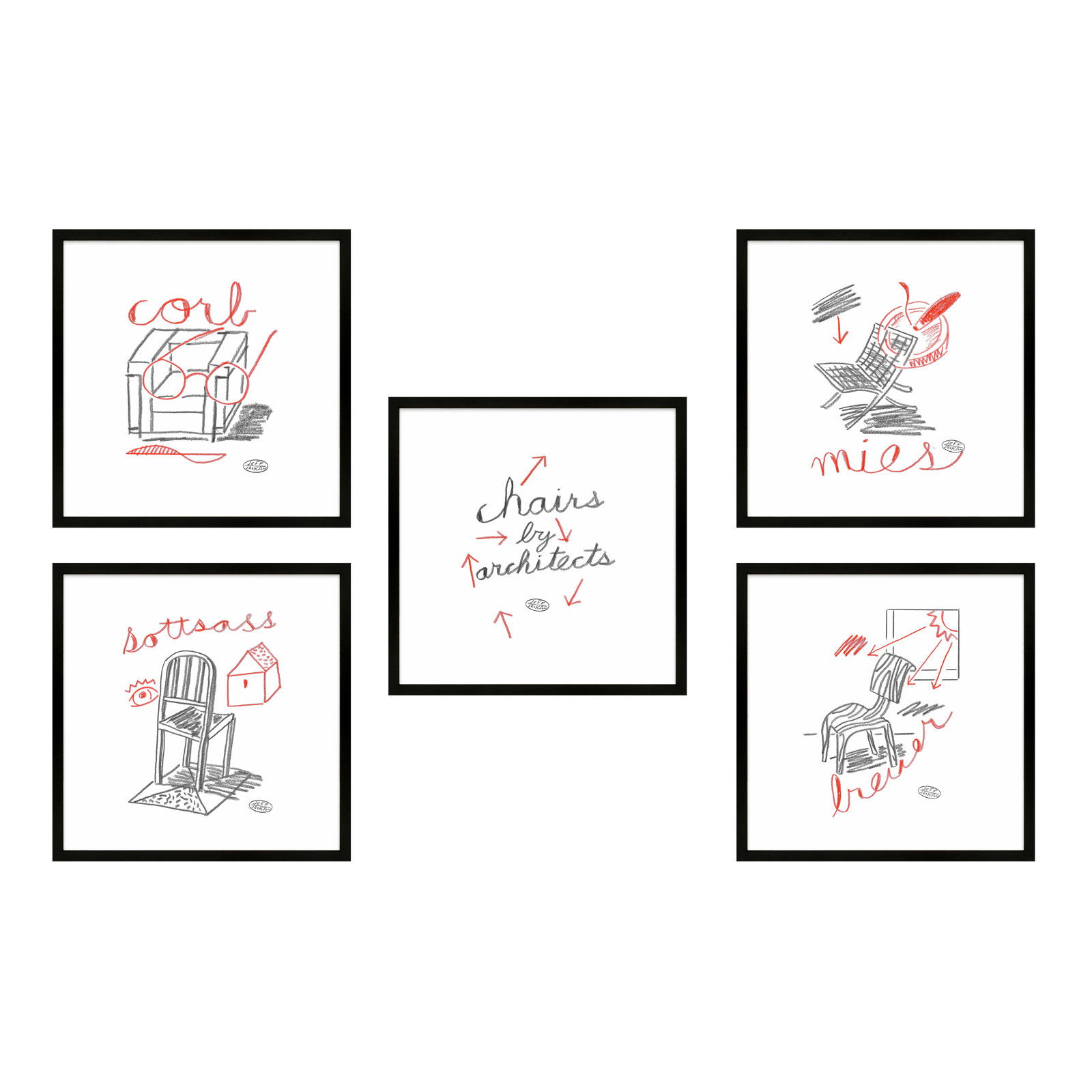 Amir "Chairs" 5-Piece Print Set by Jeff Jackson, 10" W x 10" H, Black Single Picture Framed Paper