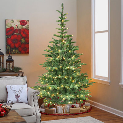 Arbre de Noël pré-éclairé avec lumières à DEL blanc chaud, embouts en PE + PVC, aspect en couches réaliste, base en bois unique - arbre de Noël artificiel complet pour la décoration intérieure