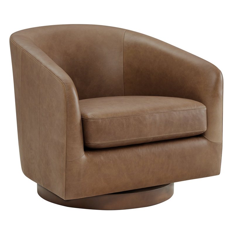 Fauteuil demi-tonneau pivotant en cuir véritable avec repose-pieds Bennett, Cuir véritable Marseille chameau