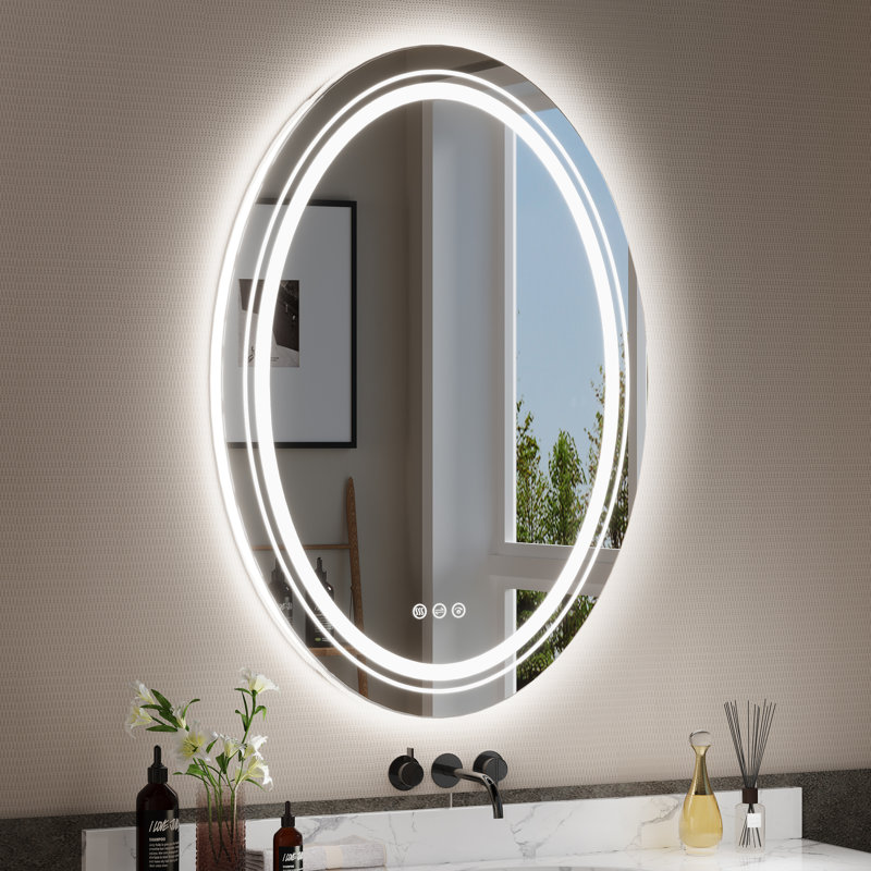 Miroir de salle de bain mural ovale sans cadre Waterpar en verre trempé, rétroéclairé et antibuée, avec 3 températures de couleur réglables et intensité lumineuse variable, certifié ETL et UL.