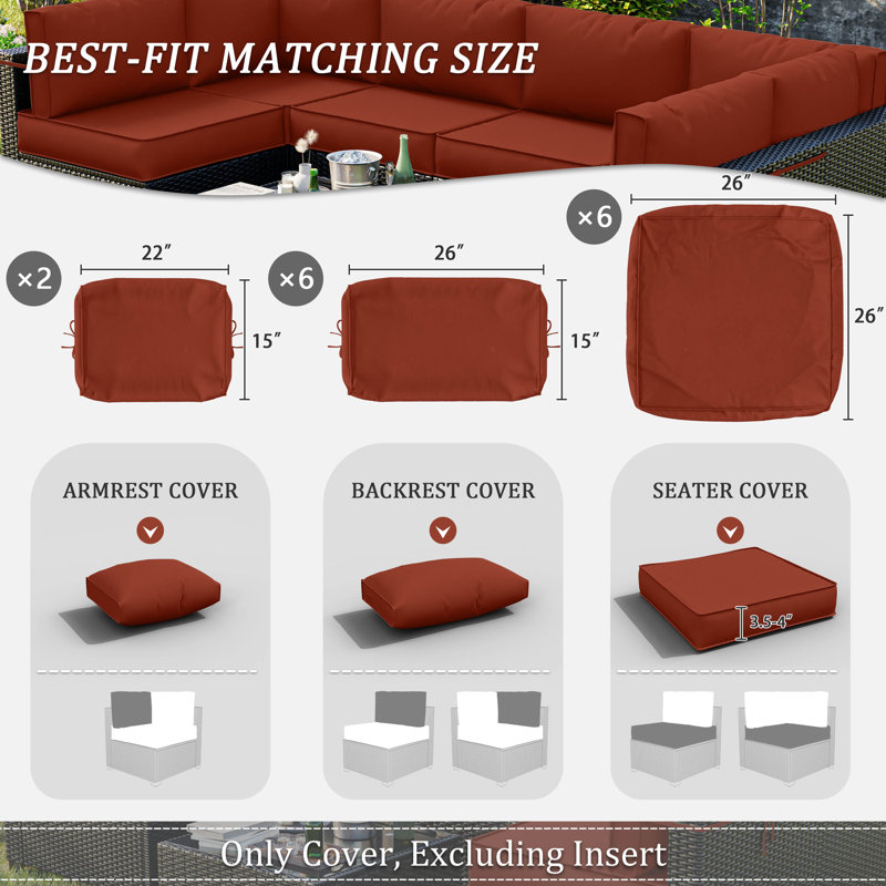 Outdoor 4” Cushion Covers Set Patio Furniture Cushion Covers, Only Covers, Terra Red