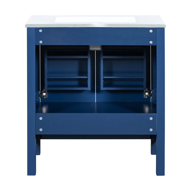 Meuble-lavabo avec lavabo simple, 2 portes à fermeture douce et 1 tiroir, Bleu