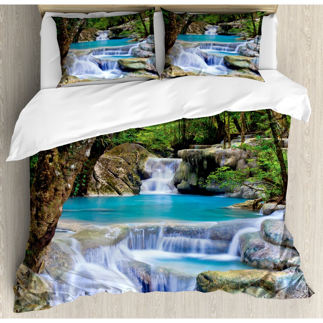 Bettbezug Set, Felsen in See mit Wasserfall, Natur, Braun Grün Blau