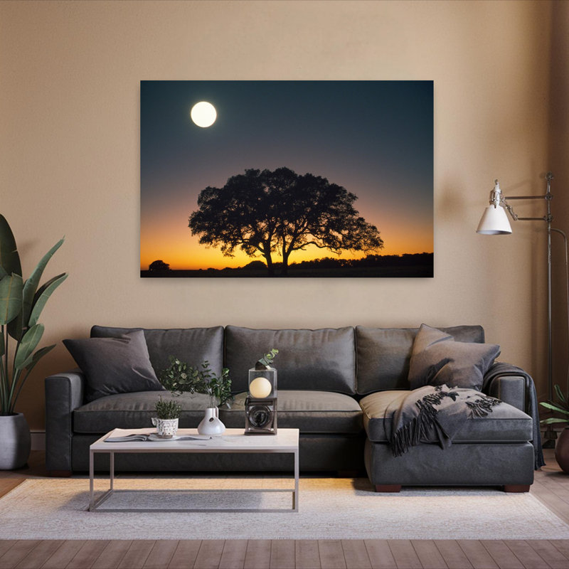 Pleine lune sur un arbre silhouette tranquille, art contemporain contemporain, H 40 po x l 60 po