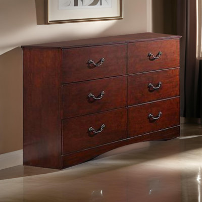 Bran 54 Inch 6 Drawer Dresser, Pine Wood, Grain Details