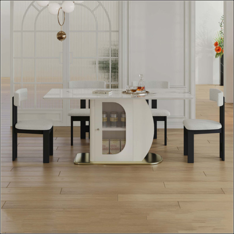 Table de salle à manger moderne pour 4 à 6 personnes avec armoires de rangement, plateau en pierre carbonisée et base en bois massif, comprend 4 chaises en velours pour la cuisine et l’appartement