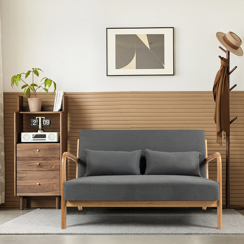 2 chaises avec détails en bois massif, rembourrage en éponge haute, revêtement en tissu de lin, style Mid-Century moderne, accoudoirs gris foncé, coussin, tissu, couleur, option respirante