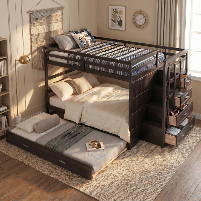  Lit superposé double avec escalier de rangement et lit gigogne simple pour la chambre à coucher - Espresso, Espresso