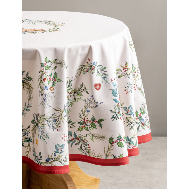 Floral 100% Cotton Round Christmas Tablecloth, 63" x 63"