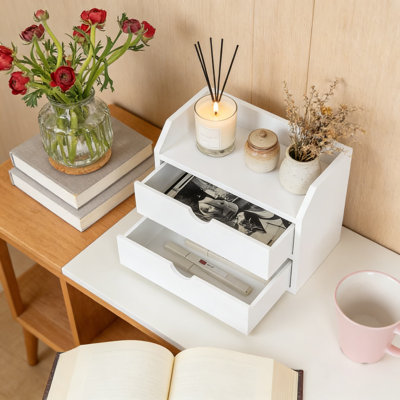 Organisateur de bureau en bois avec 2 tiroirs et tablette de rangement, petite armoire mignonne pour les fournitures de bureau, les cosmétiques et les accessoires de bureau, organisateur de table compact