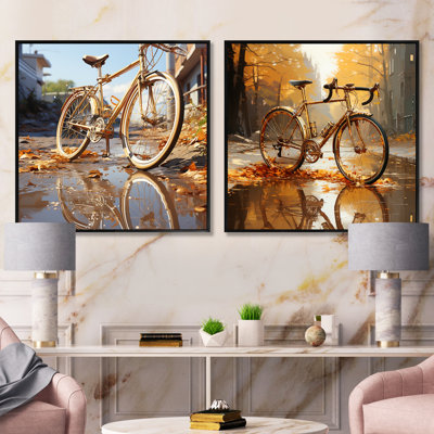 Golden Wheels Bicycle - Bicycle Square Collage Set Of 2