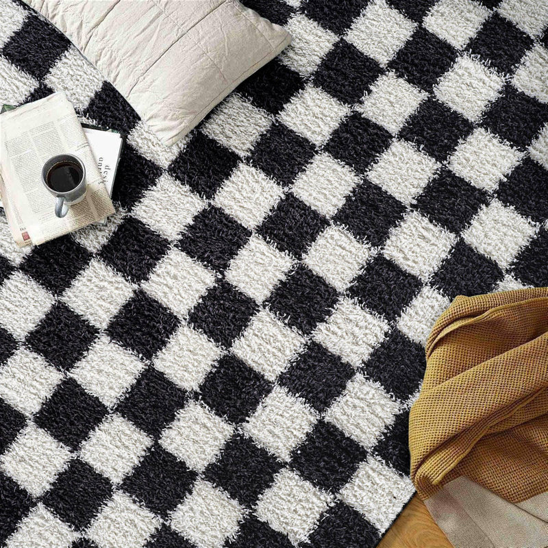 Block Pattern Shag Rug – Anthracite Dark Gray – Medium Pile, Durable & Easy To Maintain, Rectangle 5' x 7'