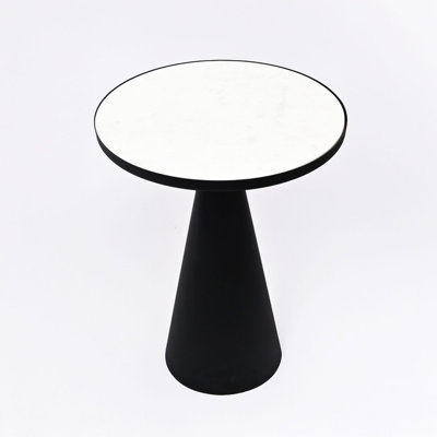 Modern Round End Table, White Marble Top Side Table with Sculptural Black Conical Metal Base, Minimalist Accent Table for Living Room Bedroom Entryway