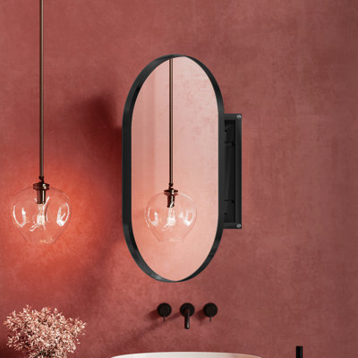 Armoire à pharmacie encastrée ovale 20 po x 34 po, armoire murale en métal avec miroir, tablettes réglables et rangement, noir mat | Idée de cadeau
