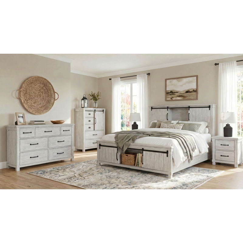 Ensemble de chambre avec grand lit plateforme et rangement 5 pièces Bruhn, 5 Pcs: Bed, Chest, Dresser, 2 Nightstands, Queen