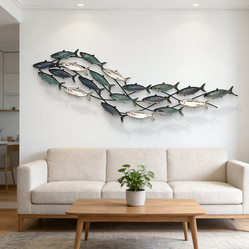 Coastal Metal Fish Wall Decor Metal School of Fish Wall Decoration 3D Fish Wall Sculpture for Living Room Outdoor Ocean Beach