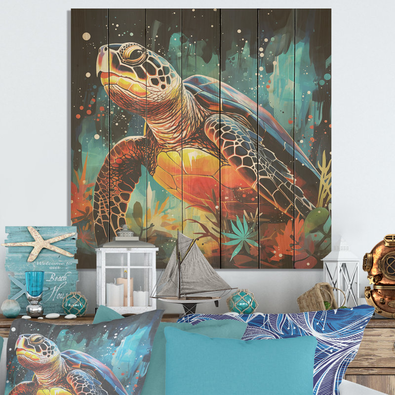 Graceful Yellow and Blue Turtle Swim - Tortue sur bois, H 30 po x l 30 po