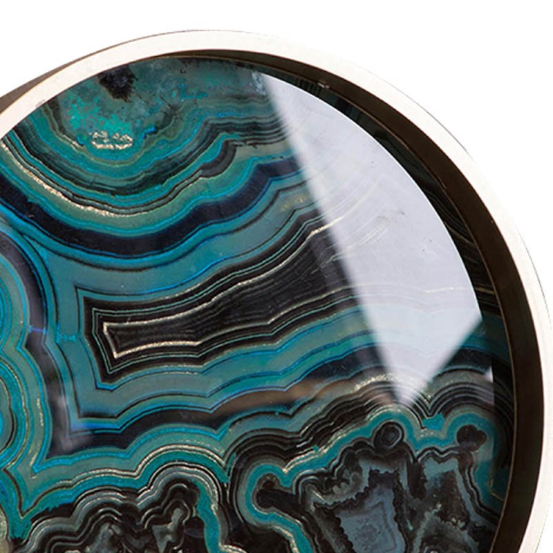 Jemin Decorative Tray With Swirl Patterns, Gold MDF Rim, Blue Glass 18 Inch