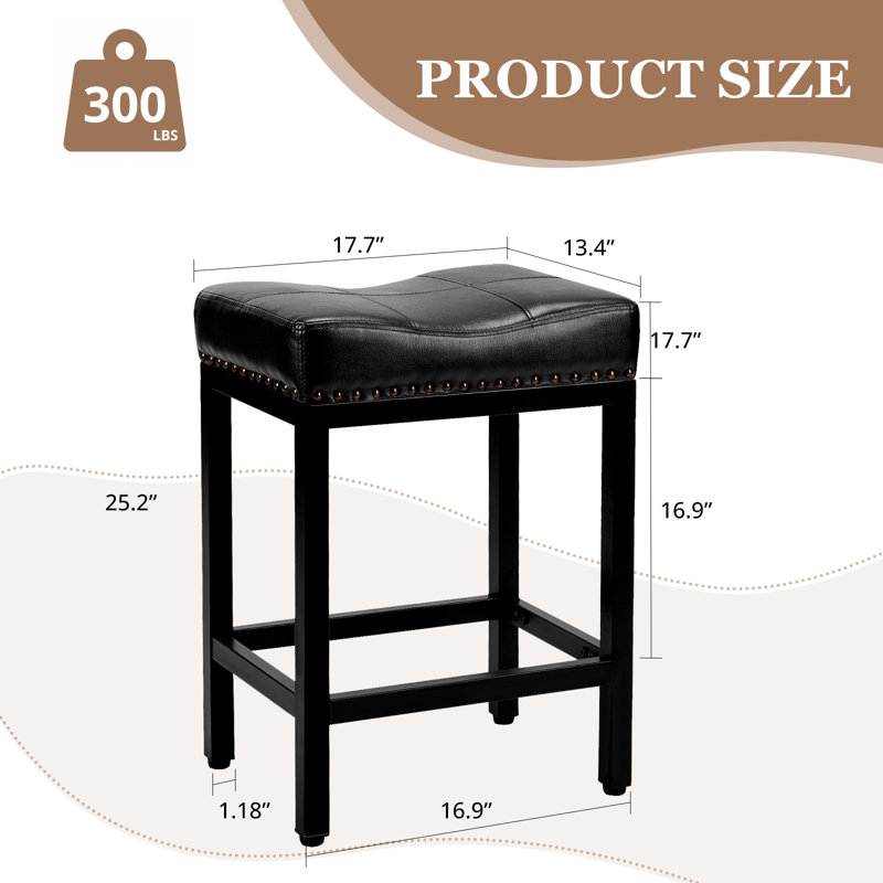24 inch Counter Height Bar Stools, Upholstered Modern Kitchen Barstools with Metal Base, PU Leather Saddle Stools for Kitchen Island