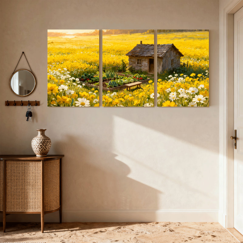 Assortiment de bouquets de champ doré avec chalet et fleurs, ensemble de 3 impressions murales sur toile, H 30 po x l 60 po