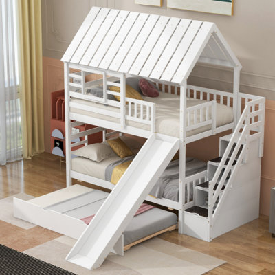 Twin Over Twin House Bunk Bed With Trundle And Slide, Storage Staircase, Roof And Window Design, -  Wenty, WFYUKI99737A