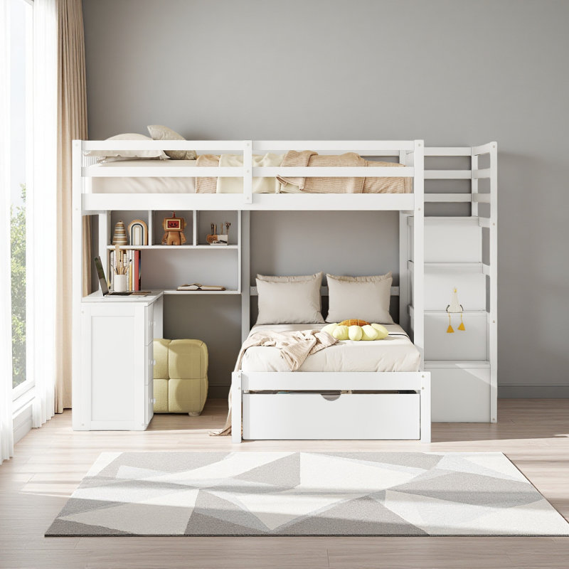 Lit superposé double au-dessus de simple avec garde-robe et tiroirs, Blanc