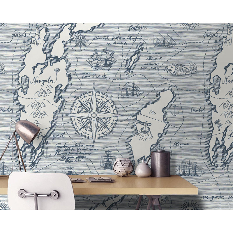 Explorer Travel Map Pattern Removable Wallpaper, Beige, 9" L x 15" W