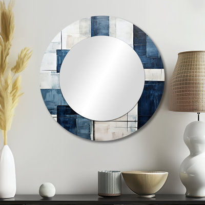 Sabeeha Indigo Illusion Abstract Shapes V - Abstract Shapes Decorative Wall Mirror, Black Round Mirror, Printed Metal Art